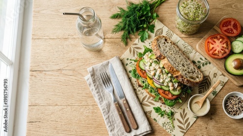 A vegan sandwich flat lay with eco-friendly ingredients, rustic bread, fresh greens, sliced vegetables, and reusable wrapping on a clean surface with copy space, soft natural light, fresh sustainable