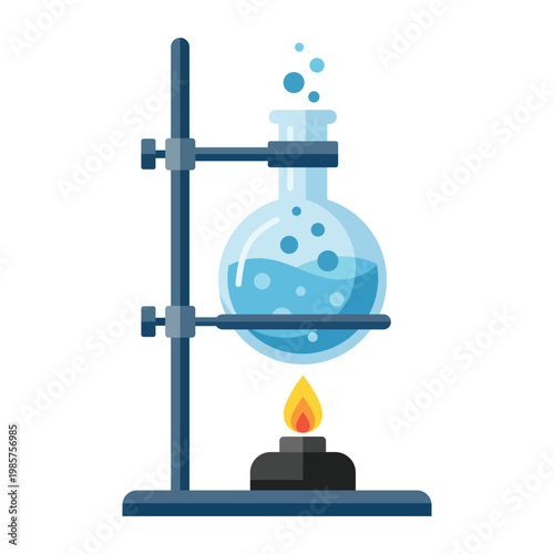 Scientific Experiment Illustration: A laboratory flask is heated, resulting in a scientific reaction, and illustrating concepts in chemistry and scientific research.