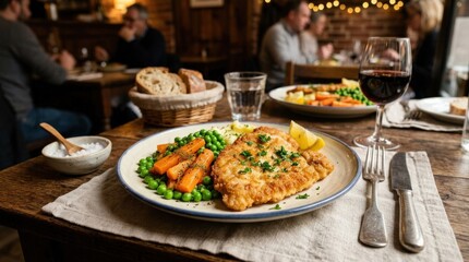 A veal escalope served with green peas and carrots, tender golden cutlet with classic vegetables on a refined plate, comforting bistro mood with soft warm light, ultra-realistic, no logos.