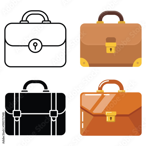 Briefcase Variations: A set of four stylized briefcases presents different designs and appearances of a professional briefcase, featuring varying colors, outlines, and details. 