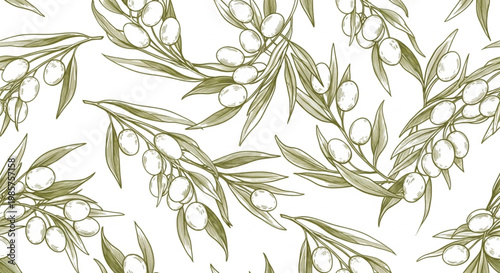 Olive branch seamless pattern, green leaves and olives, botanical vector design, natural texture