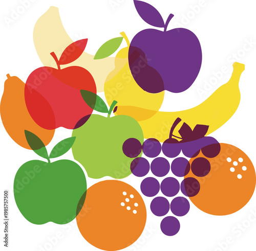 A vibrant assortment of healthy and delicious fruits depicted in a modern overlapping translucent vector illustration for food and nutrition concepts.