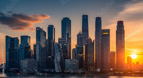 A vibrant urban skyline featuring numerous towering modern skyscrapers illuminated by the warm, golden glow of a stunning sunset.