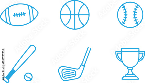 Collection of Blue Outline Sports Icons on White Background