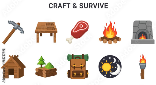 Craft and Survive Game Icons Set.
