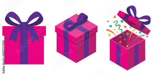 Gift Box Trio: A vibrant, colorful collection of gift boxes, artfully designed with ribbons, exuding an air of anticipation and celebration, perfect for various festive occasions.