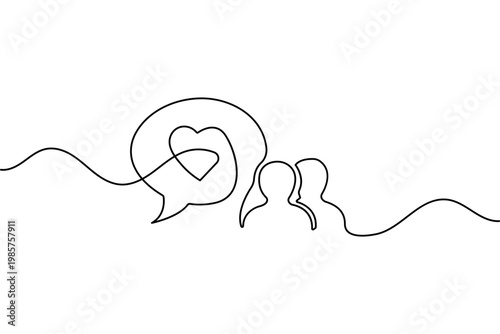 Social media heart speech bubble and people continuous one line drawing