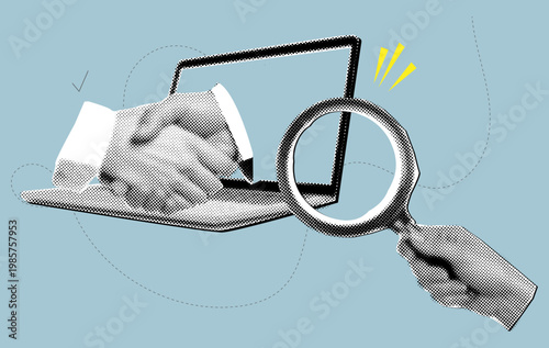 Modern halftone collage businessman handshake in laptop,Digital Analysis Concept with Laptop, hand holding Magnifying Glass, and Data Inspection