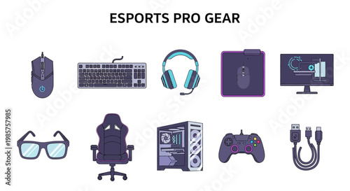 Illustration set of Esports gaming professional equipment setup.