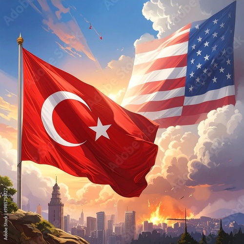 Two national flags waving in a cityscape at sunset