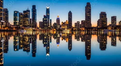 Vibrant urban skyline with illuminated skyscrapers reflecting beautifully in tranquil water at dusk.