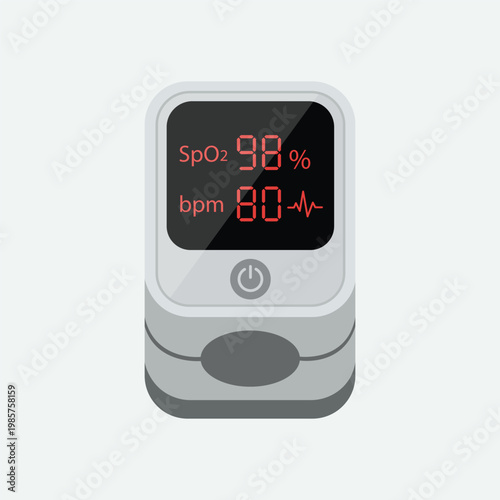 Digital Oximeter: A close-up shot of a modern pulse oximeter, displaying SpO2 and bpm vital signs, a medical tool for monitoring patient health and well-being.