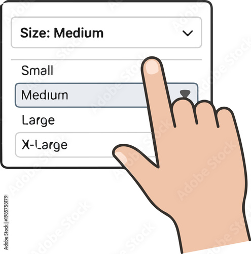 An illustrative hand clicks on a dropdown menu to select the "Medium" size option for a product.