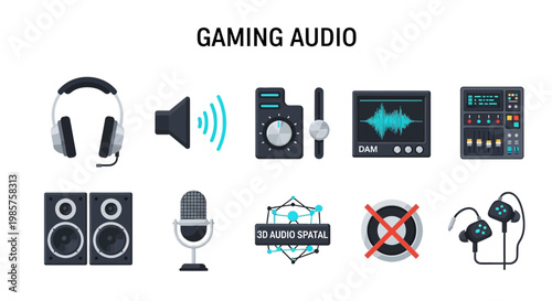 Gaming audio equipment and accessories icons.