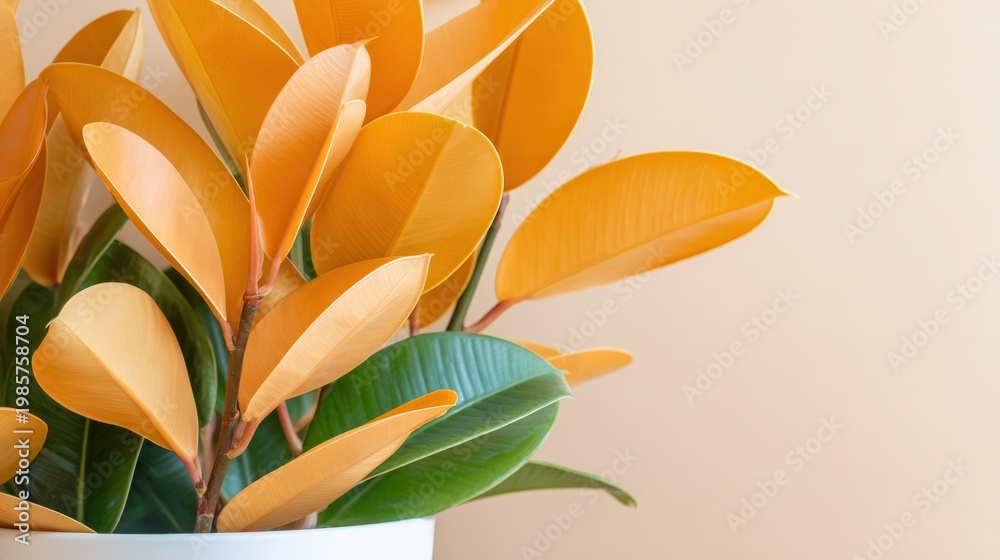 Obraz premium A vibrant arrangement of orange leaves in a white pot against a soft peach background, perfect for home decor, nature themes, or wellness-related content, Ideal for blogs, magazines