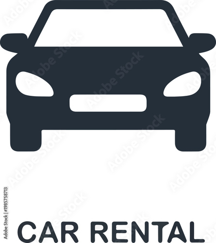 Minimalist black car icon representing a vehicle transport symbol for automotive services, travel agencies and rental companies