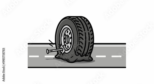 A deflated tire with a nail stuck in it, resting on a road