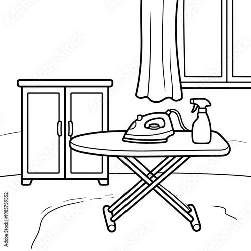 Ironing board with iron and spray bottle in a bright room   coloring page