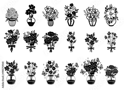 Set of flower and leaves silhouettes on the vase. Hand drawn floral design elements, icons, shapes for decal and decor template. Wall sticker engraving decal flower