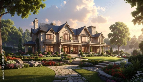 A luxurious large house with a well-manicured lawn and garden