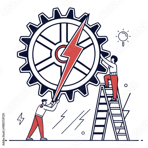 People installing giant gear lightning bolt concept.