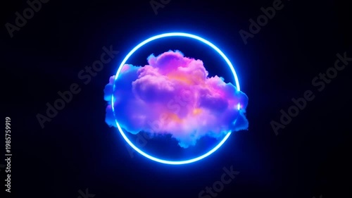 Purple cloud inside a glowing blue neon circle frame floating in dark space background
