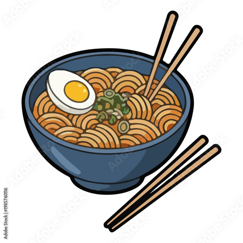 Japanese Ramen Noodle Soup Illustration with Egg and Chopsticks
