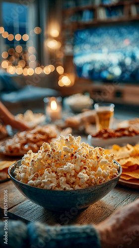 Close-up of hands grabbing snacks like popcorn or chips from a bowl while watching a sports game, screen light illuminating the scene