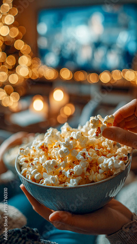 Close-up of hands grabbing snacks like popcorn or chips from a bowl while watching a sports game, screen light illuminating the scene