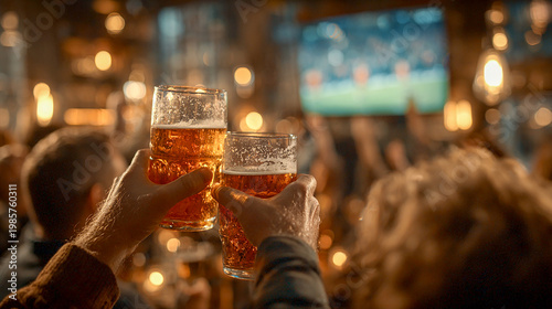 Close-up of hands clinking glasses in celebration, blurred background of smiling faces and a TV screen, warm lighting creating a festive and lively atmosphere
