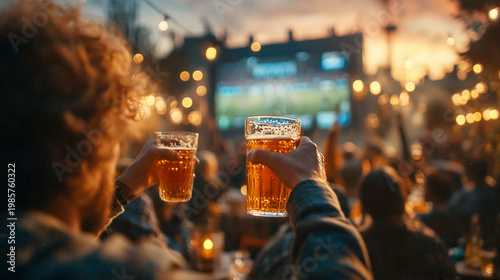 Close-up of hands clinking glasses in celebration, blurred background of smiling faces and a TV screen, warm lighting creating a festive and lively atmosphere