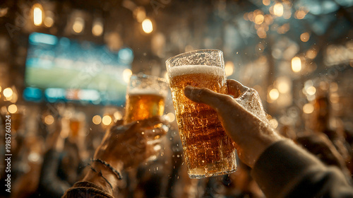 Close-up of hands clinking glasses in celebration, blurred background of smiling faces and a TV screen, warm lighting creating a festive and lively atmosphere