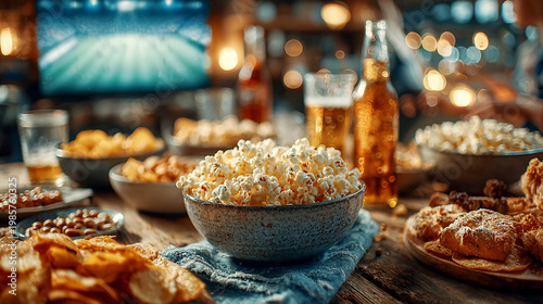 Close-up of a simple spread of bowls with chips, peanuts, popcorn, and soda bottles, hands reaching in from the side, blurred TV screen glow reflecting softly