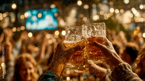 Close-up of hands clinking glasses in celebration, blurred background of smiling faces and a TV screen, warm lighting creating a festive and lively atmosphere