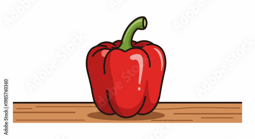 A bright red bell pepper with a green stem rests on a wooden surface