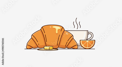 A breakfast scene featuring a croissant with butter, a steaming coffee cup, and an orange slice