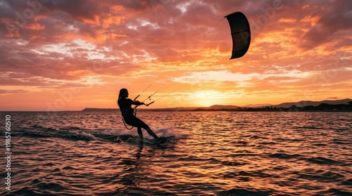 Silhouette of a girl kitesurfing at sunset, glowing sky, rippled water and graceful motion against the horizon, warm backlight and dreamy adventurous atmosphere, ultra-realistic, no logos.