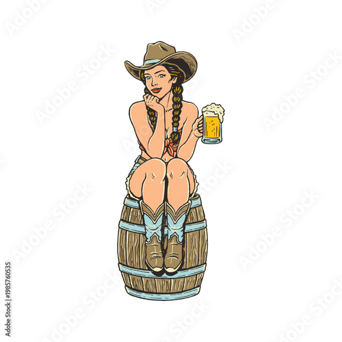 Cute Western Pin-Up Cowgirl Sitting on Barrel Holding Beer Shy Pose