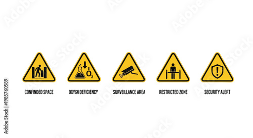 Set of five yellow warning signs with icons for confined space, oxygen deficiency, surveillance, restricted zone