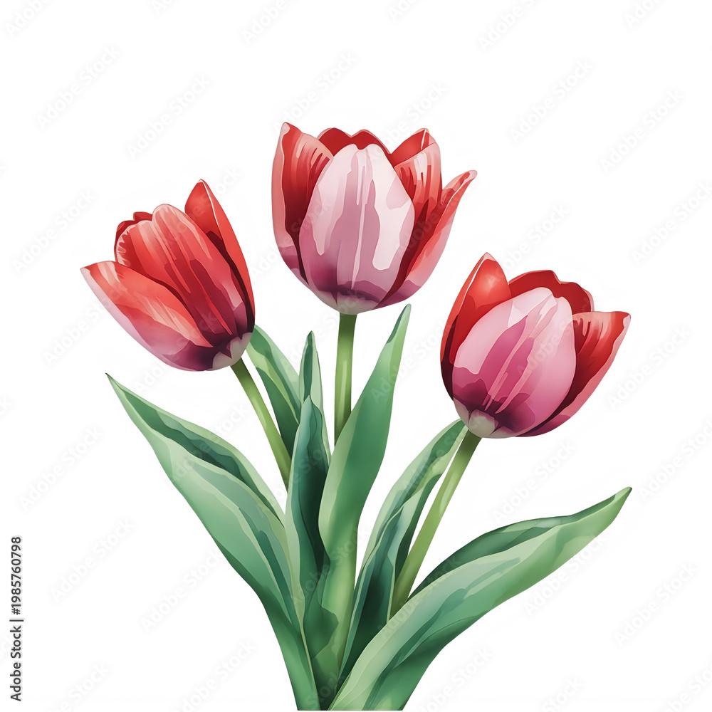 Fototapeta premium Three red tulips isolated on transparent background