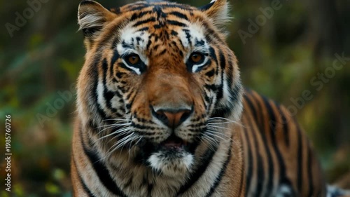 Majestic adult tiger looking directly at the camera with intense gaze in a green forest environment