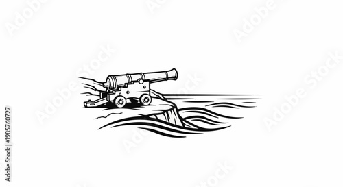 Vintage cannon on cliff overlooking the sea, black and white drawing