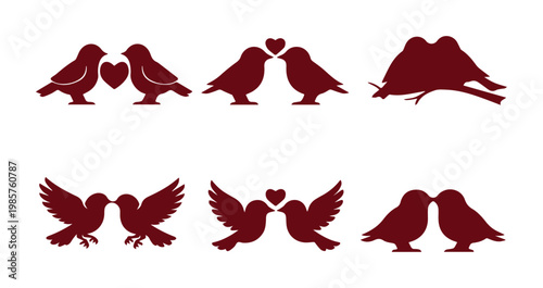 Set of 6 Red Bird Couple Silhouettes with Hearts Vector