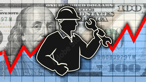 Bauarbeiter mit Schraubenschlüssel auf US Dollar-Banknote mit steigendem Graph