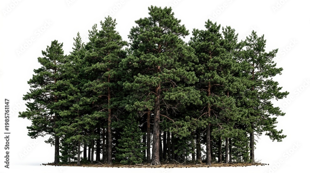 Fototapeta premium Group of tall pine trees isolated on white background, layered evergreen canopies and natural forest density, crisp botanical realism, ultra-realistic, no logos.