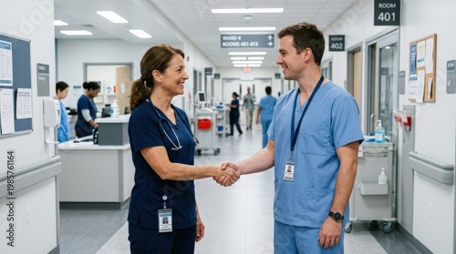 A nurse and a doctor sharing a warm handshake in a well-lit hospital corridor, scrubs and lanyards visible, bright clinical interior, professional healthcare partnership and onboarding atmosphere,