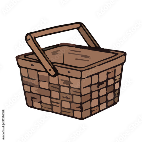Hand-drawn brown wicker picnic basket illustration isolated