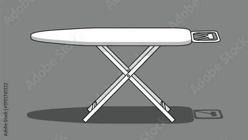 Clean illustration of a white folding ironing board on a grey background with a subtle shadow representing domestic laundry equipment.