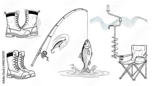 Collection of ice fishing equipment including warm boots, a fishing rod with a caught fish, a lure, an ice auger, and a folding chair.