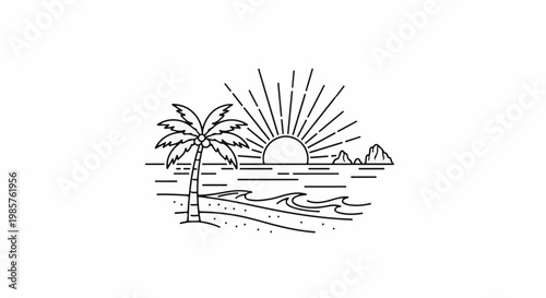 Line art of a serene beach scene with a palm tree and sun over the ocean